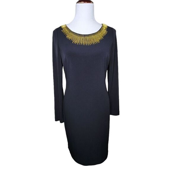 Calvin Klein Embellished Neck Long Sleeve Dress Black Gold Size 6 - Picture 12 of 12